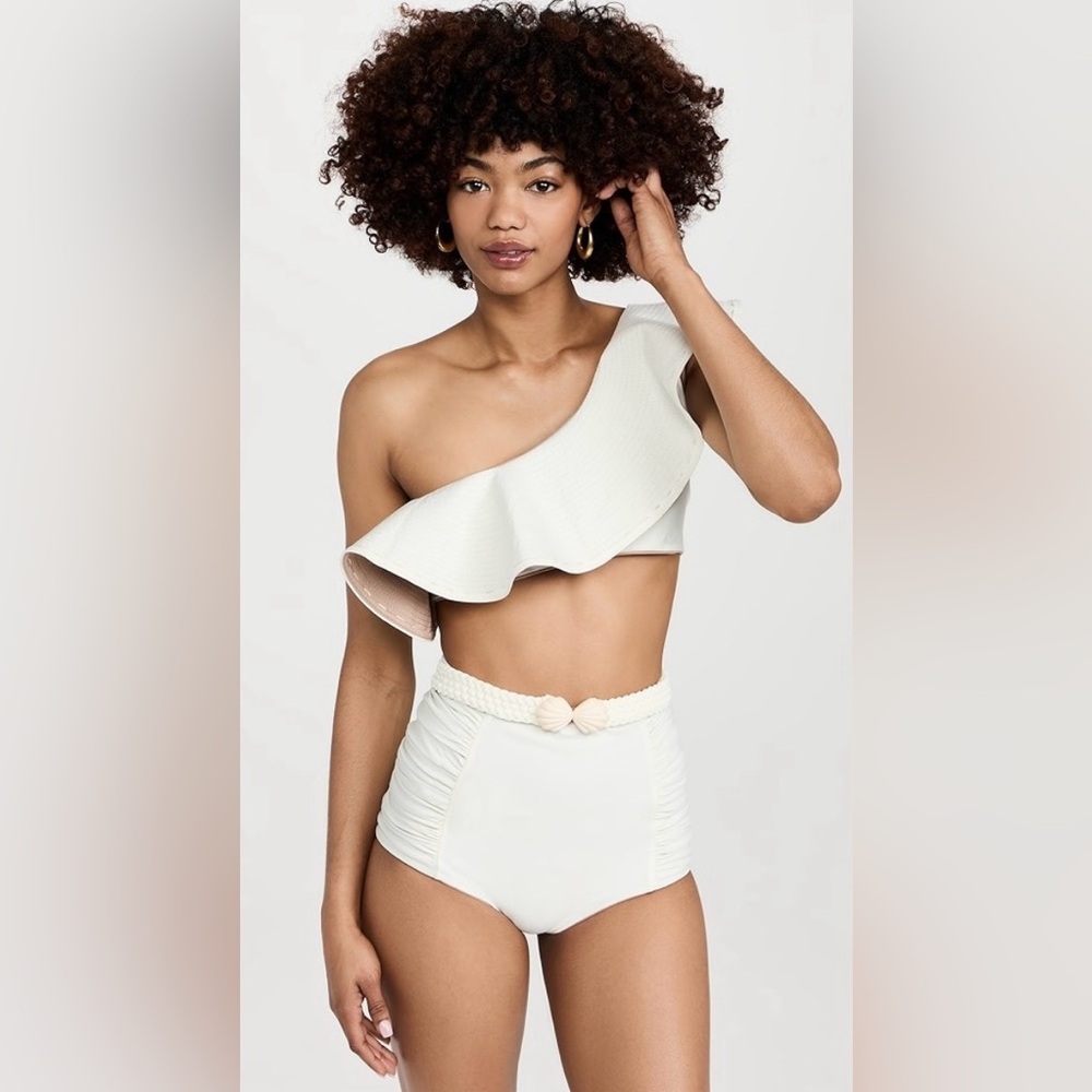 Johanna Ortiz Singing Waves Reversible One Shoulder White Nude Ruffle Bikini Top